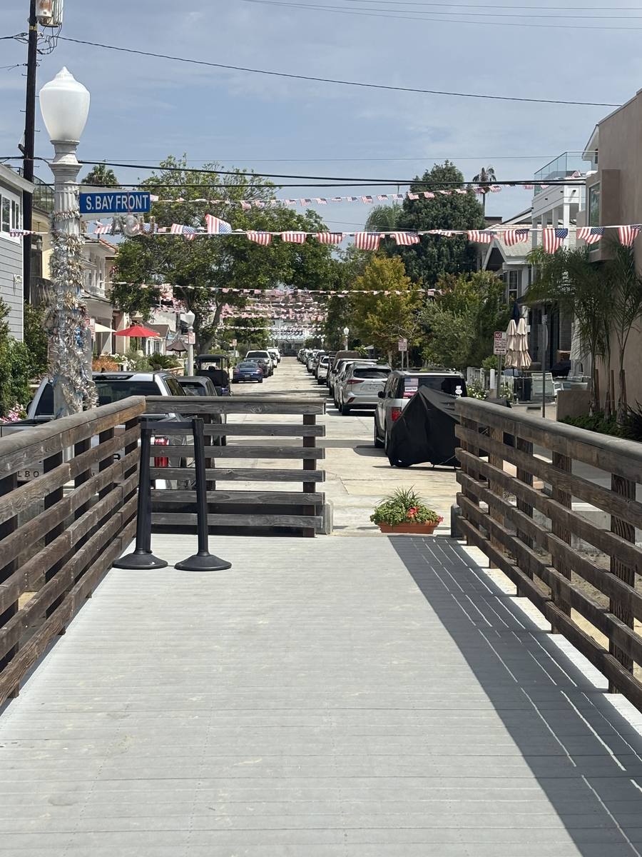 South Bay Front street on Balboa Island, strung with flags