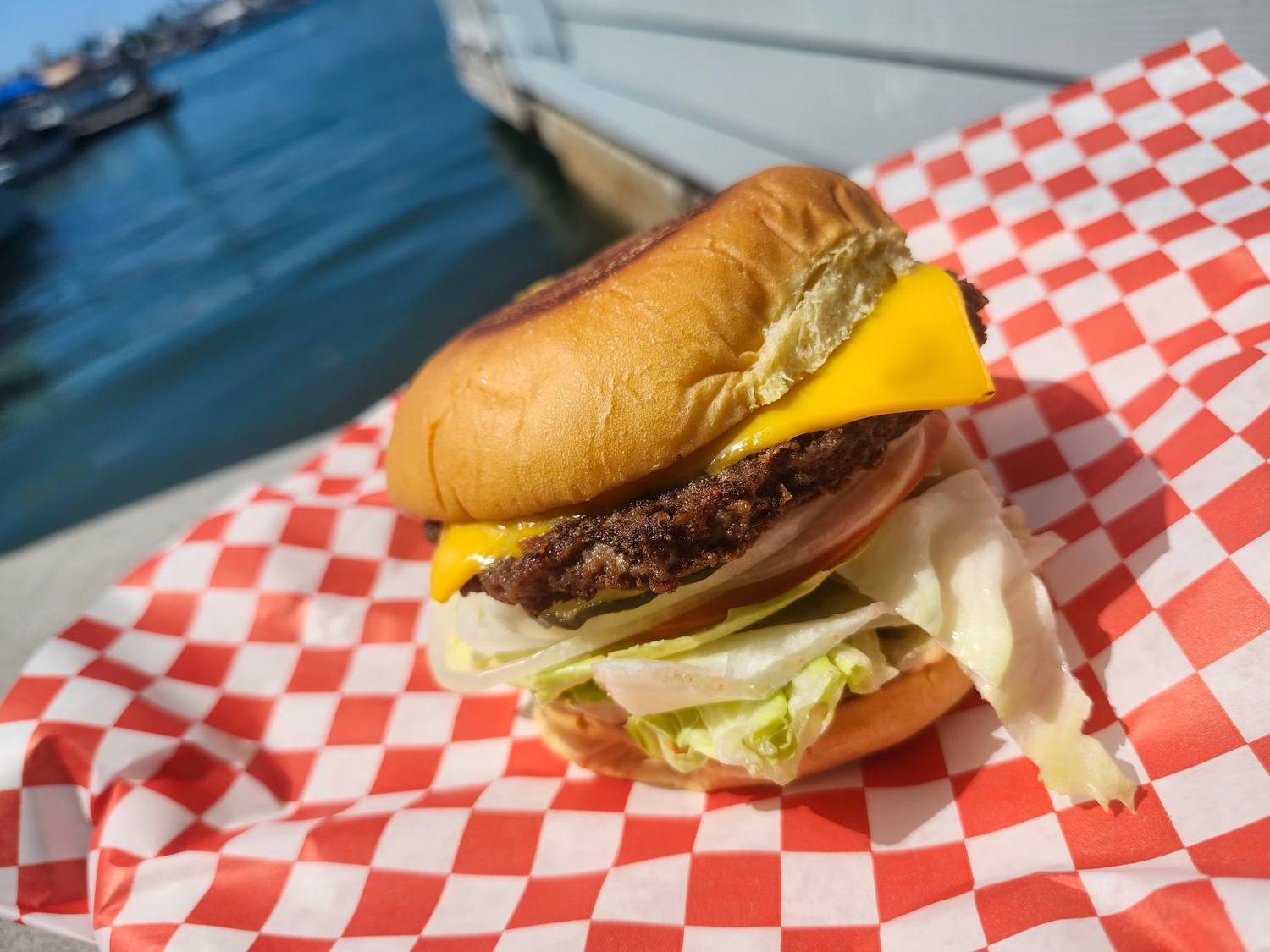 Cheeseburger on a potato brioche roll, served on checkered paper by the water