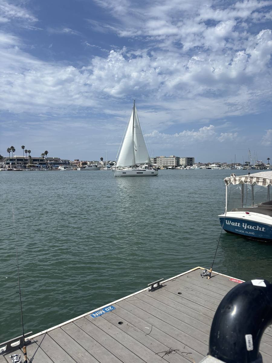 A sailboat and Duffy moored on Newport Harbor